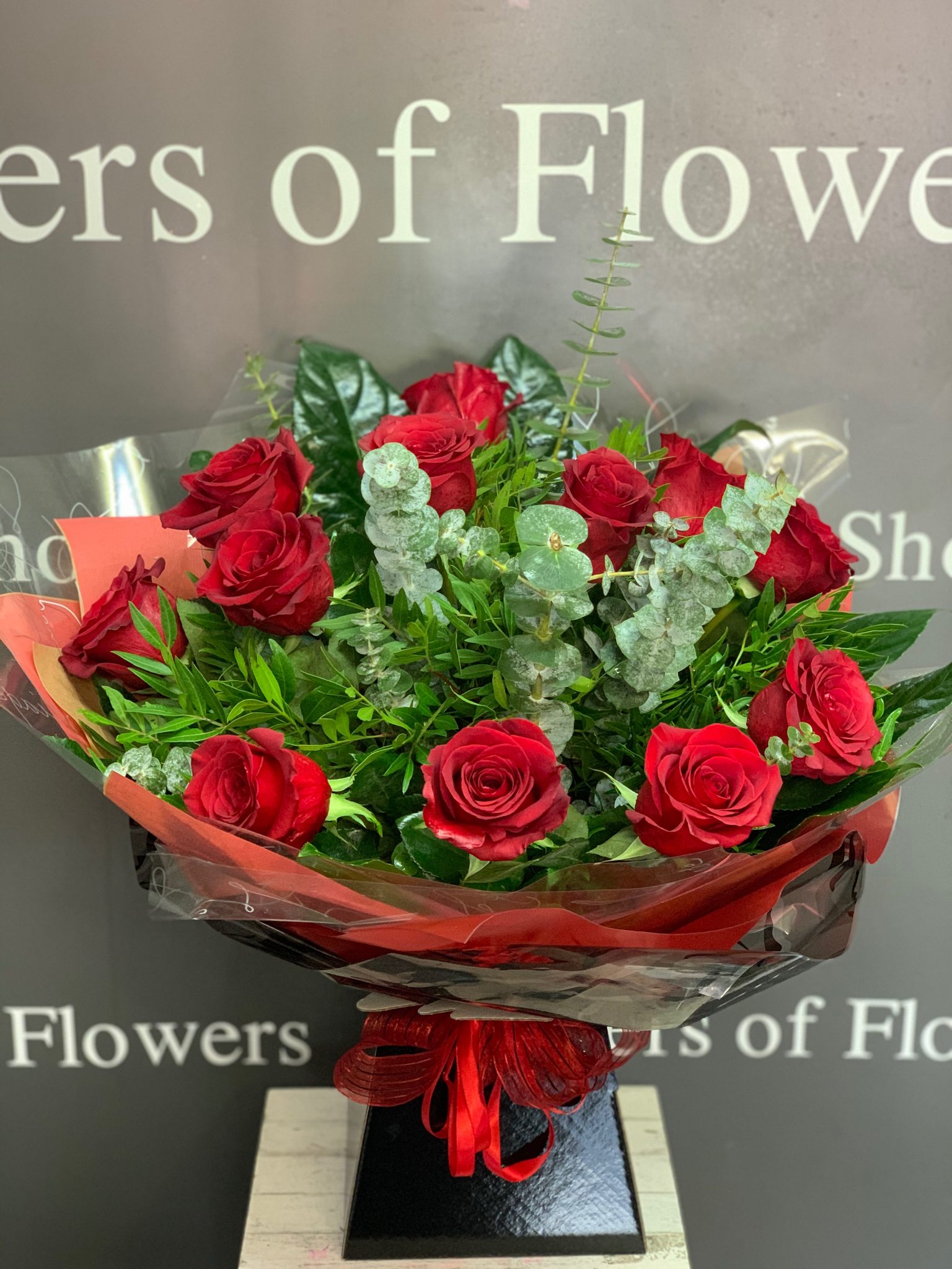 Dozen Red Roses with foliage | Showers of Flowers