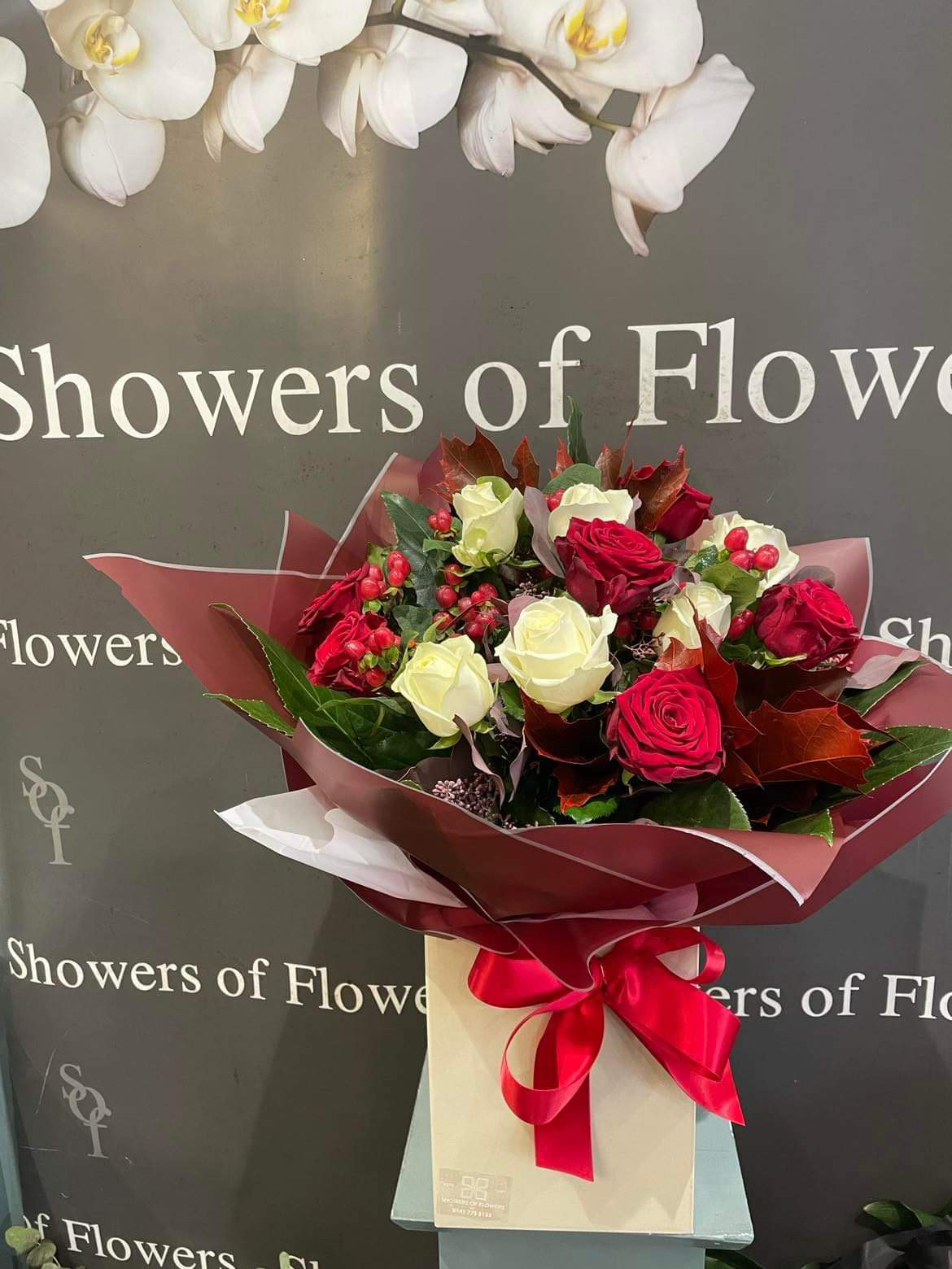 Mixed Red and White Roses with berries | Showers of Flowers